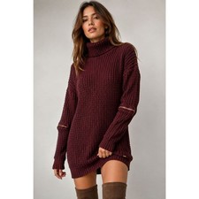 Guess Women's Brown Chunky Knit Turtleneck Sweater Dress Size M Zip Sleeve