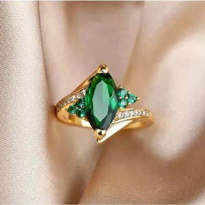 Authentic 14k Yellow Gold Plated Marquise Cut Simulated Green Emerald Engagement Ring