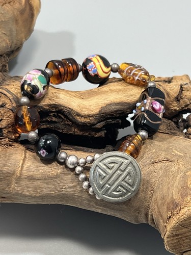 Vintage Danforth Pewter Murano Art Glass Beaded Bracelet Metal Charm