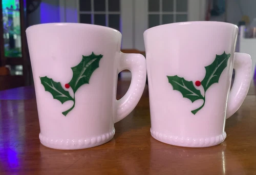Vintage McKee Milk glass holly berry Coffee/Tea Cup Lot 2