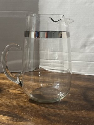Vtg 60s Large Ice Lipped Glass Pitcher, Silver Banded with Handle 