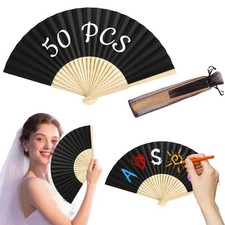 50Pcs Black Paper Folding Hand Fans with Organza Bags, 8.3 Inch Handheld Fan ...