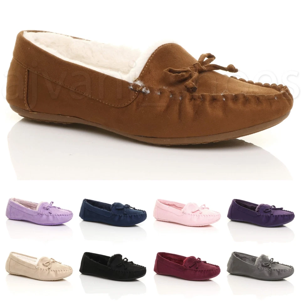 AJVANI WOMENS LADIES FUR LINED FLEXIBLE SOLE BOW BOAT SHOES MOCCASINS SLIPPERS SIZE