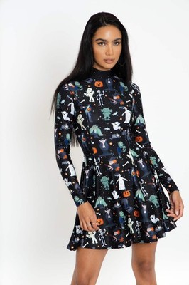 BlackMilk Spooktacular Long Sleeve Evil Mini Skater Dress Halloween Size Small S