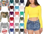 WOMENS CROP TOP LONG SLEEVE SCOOP CREW NECK LADIES BRALET T-SHIRT VEST 8-14