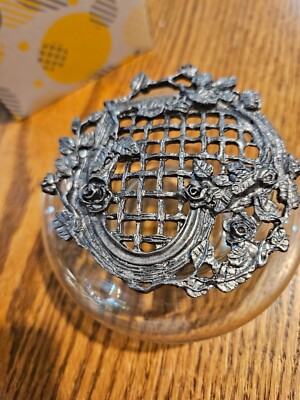 Vintage Pewter Floral Lid on Glass Jar Potpourri Dresser Nick Nack Jar