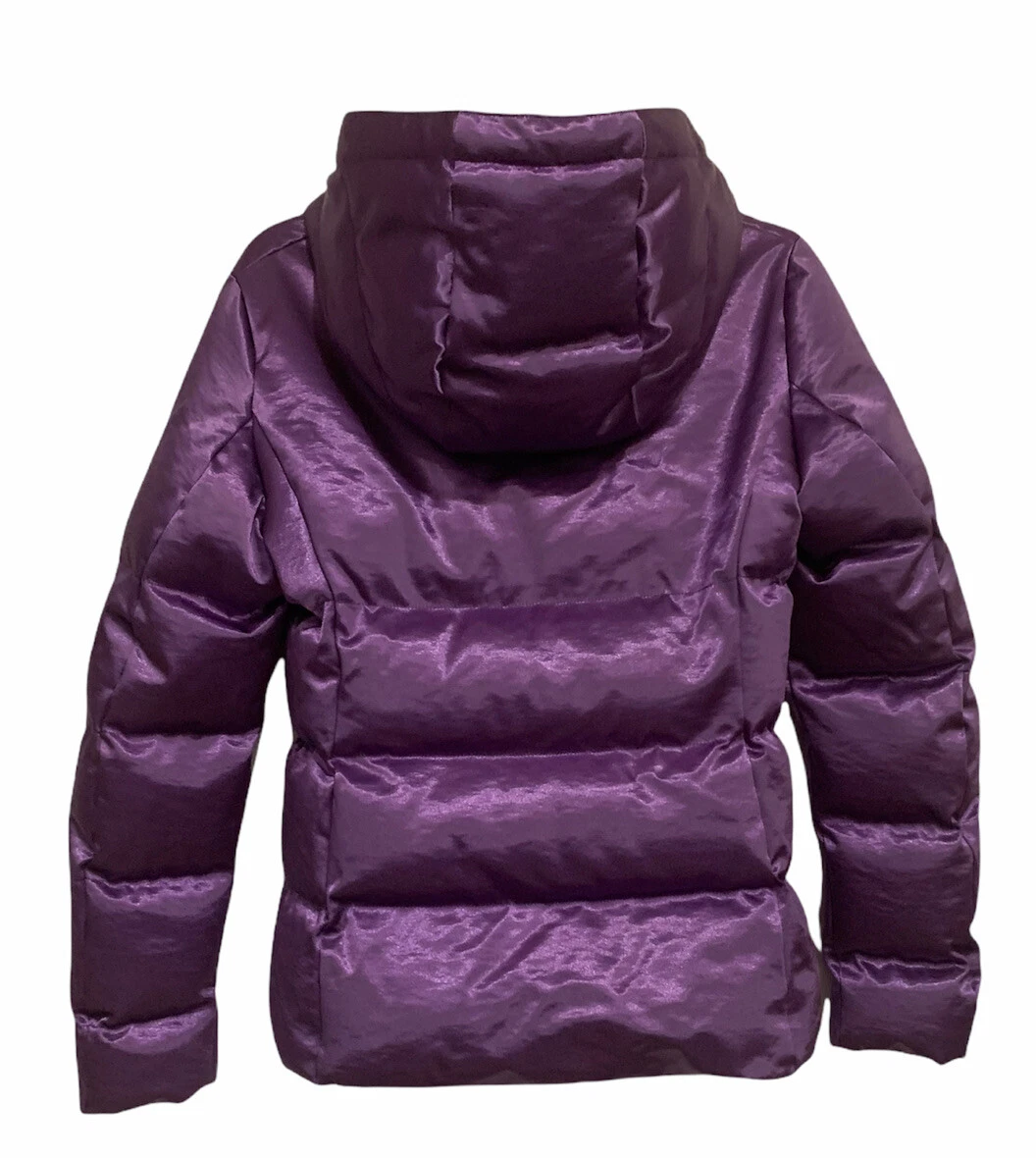 Love Moschino taglia 4 40 giacca donna viola ricamata cuore con cappuccio puffer