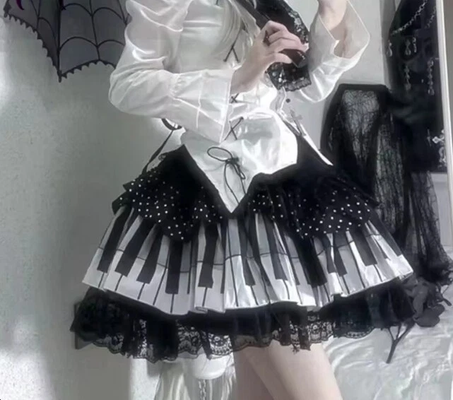 TRALALA　2way　y2k 00s　coquette　BIGリボン۶•ৎ Harajuku Y2k Punk Piano Key Wave Dot Lace Skirt Japanese Gothic