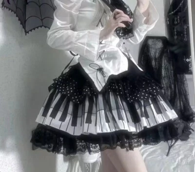 Harajuku Y2k Punk Piano Key Wave Dot Lace Skirt Japanese Gothic