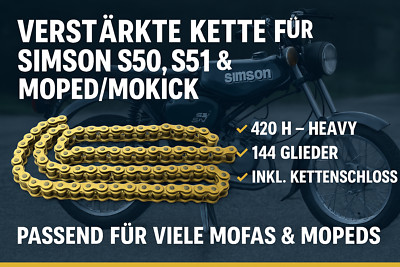 SIMSON S50 51 Moped Mokick 420 x 144 Glieder Kette VERSTÄRKT Gold mit Schloss