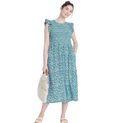 A New Day Floral Smocked Open Back Midi Dress Women's Size