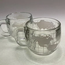 Nescafe World Globe Etched Glass Coffee Mugs - Set of 2 - Vintage 1970s