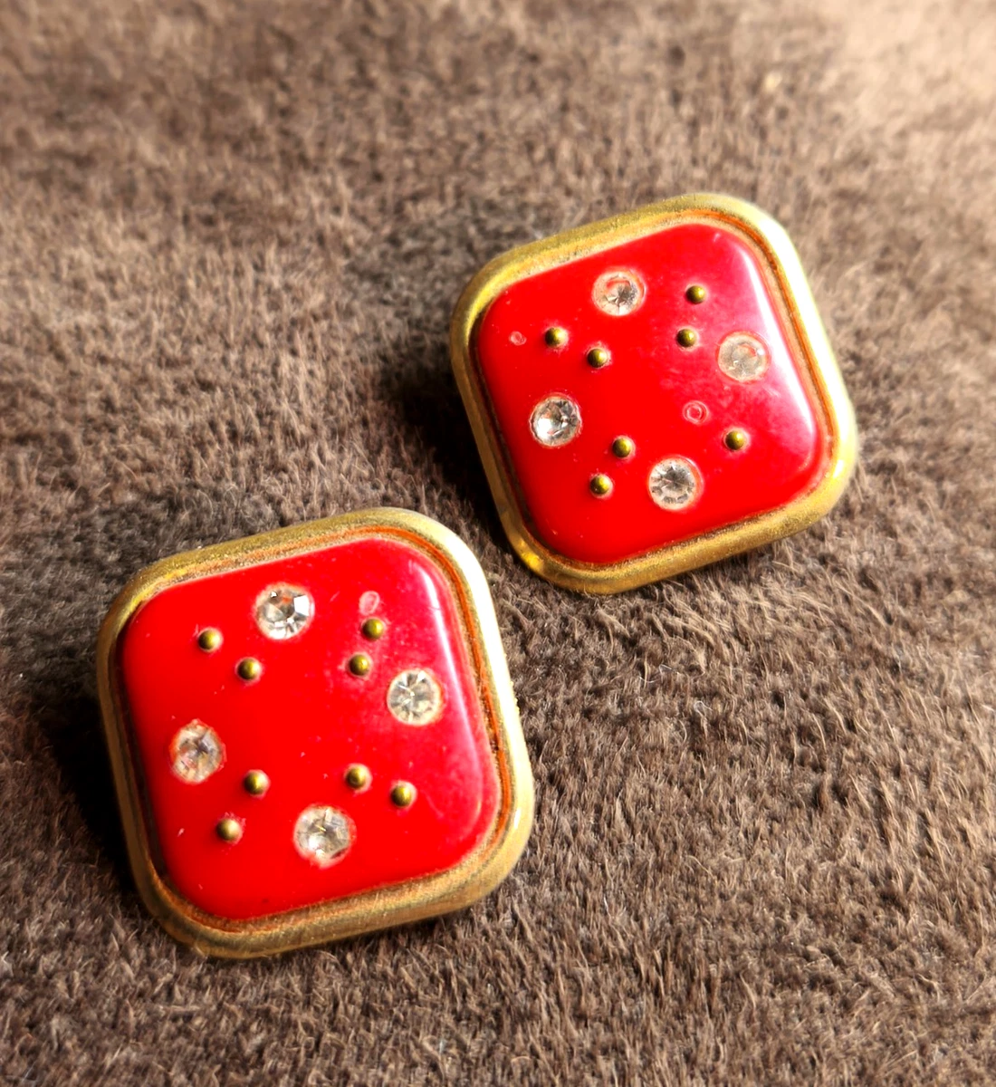 Boucles D'oreilles Clips Vintage - Doré, émail Rouge Et Noir, Demi-perle - Occasion