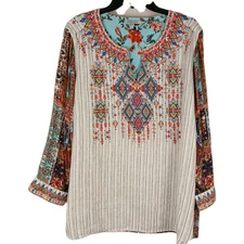 John Mark Shirt Blouse Plus Size 1X Embroidered Statement Top Artsy Tunic Linen