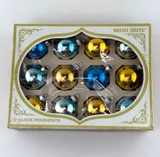 Vintage Shiny Brite Christmas 12 Glass 1.75" Ornaments Blue Gold 7x9" Box READ