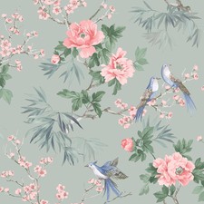 Amelie Chinoiserie Bird Wallpaper Sage Green / Pink Florals Rasch 260568