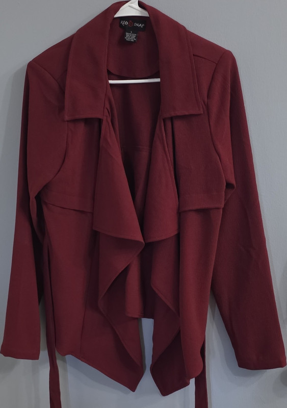 Red Snap Women's Red Open Front Jacket Tie Belt Short Long Sleeve Size L