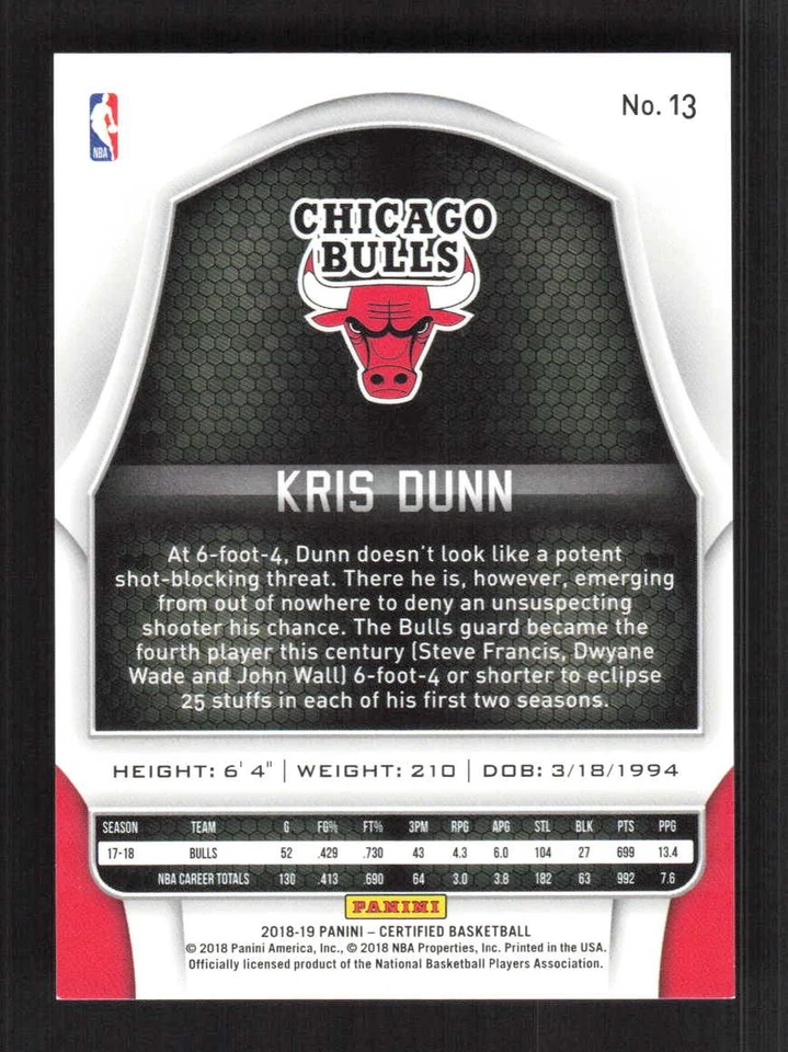 Kris Dunn 2018-19 Panini Certified Blue #/199 #13 - Image 2 of 3