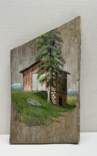 VTG Hand Painted Art Barn Tree Mountain Scene on Wood Folk Art Signed MCM Rustic