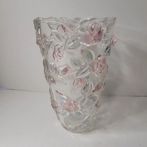 Mikasa Crystal Vase With Floral Relief Vintage-HEAVY
