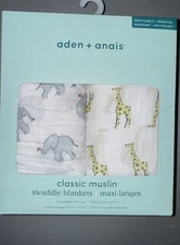Aden + Anais 100% Cotton Muslin Safari Elephant Giraffe 2 Pack 44” x 44” NEW