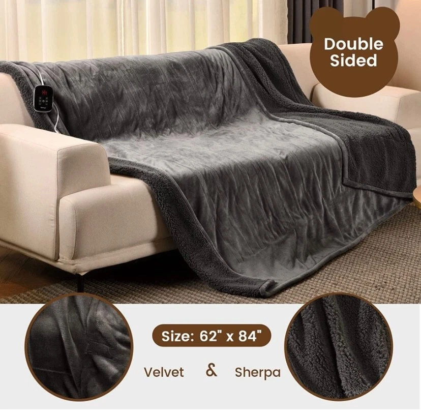 Bearhug Electric Blanket Twin Size 62u0026#034; x 84u0026#034;, Velvet u0026amp; Sherpa Heated  Blanket, 5- | eBay