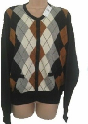 Damen Argyle Designer Golf Golf CARDIGAN Pullover Opa Kragen Oberteil SCHWARZ