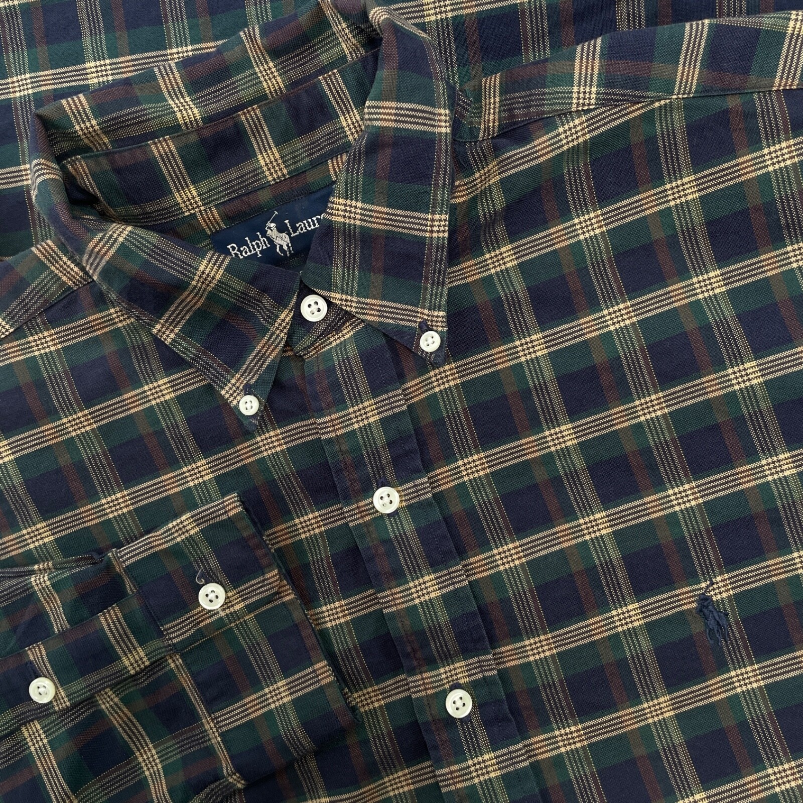 Ralph Lauren Camicia Uomo L Blu Verde Marrone Plaid Pony Manica Lunga Preppy Bottone