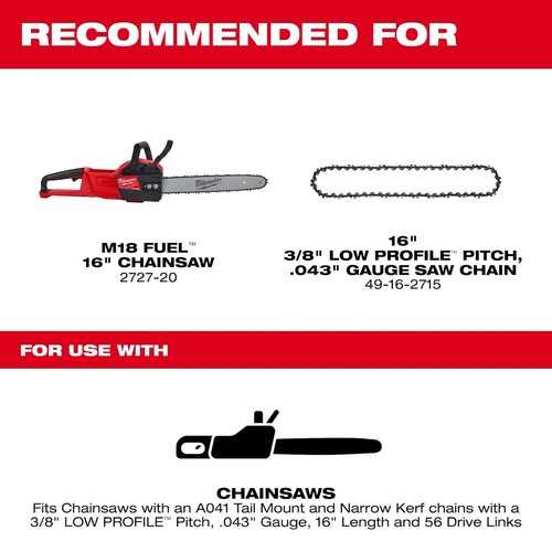 Milwaukee Tool 48-09-3001, passo 16" 3/8" LOW PROFILE™, barra guida calibro .043" - Foto 3 di 3