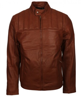 Biker Style Men Brown Color Genuine Leather Jacket Cafe Racer Touring Moto Coat