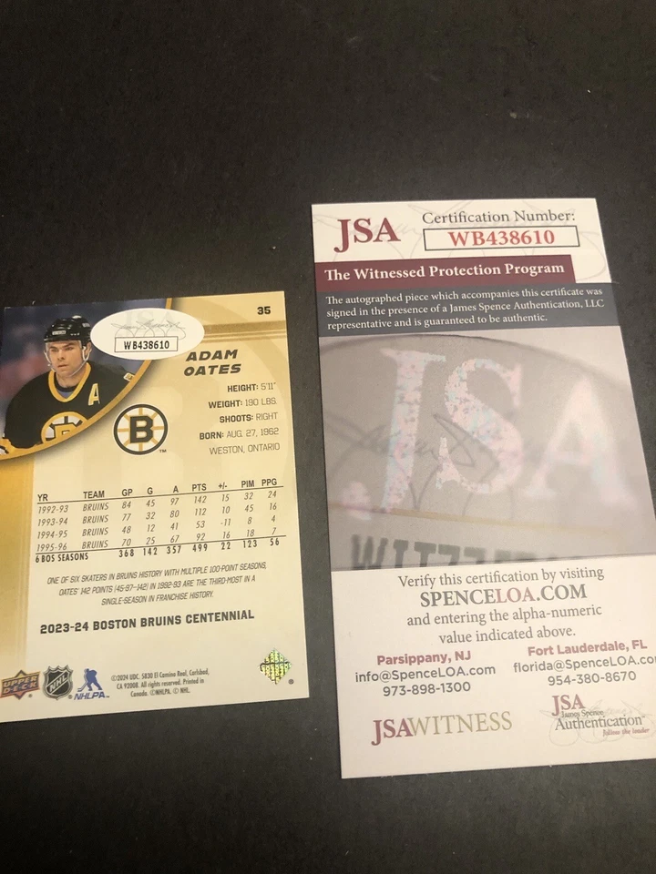 JSA 2023-24 Signed Upper Deck Bruins Centennial #35 Autographed Adam Oates 610 - Image 3 of 4