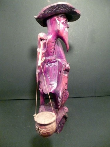 Antique Chinese Rose Wood Intricately Hand Carved Man Carrying Baskets&Fish 15"H - Picture 4 of 11