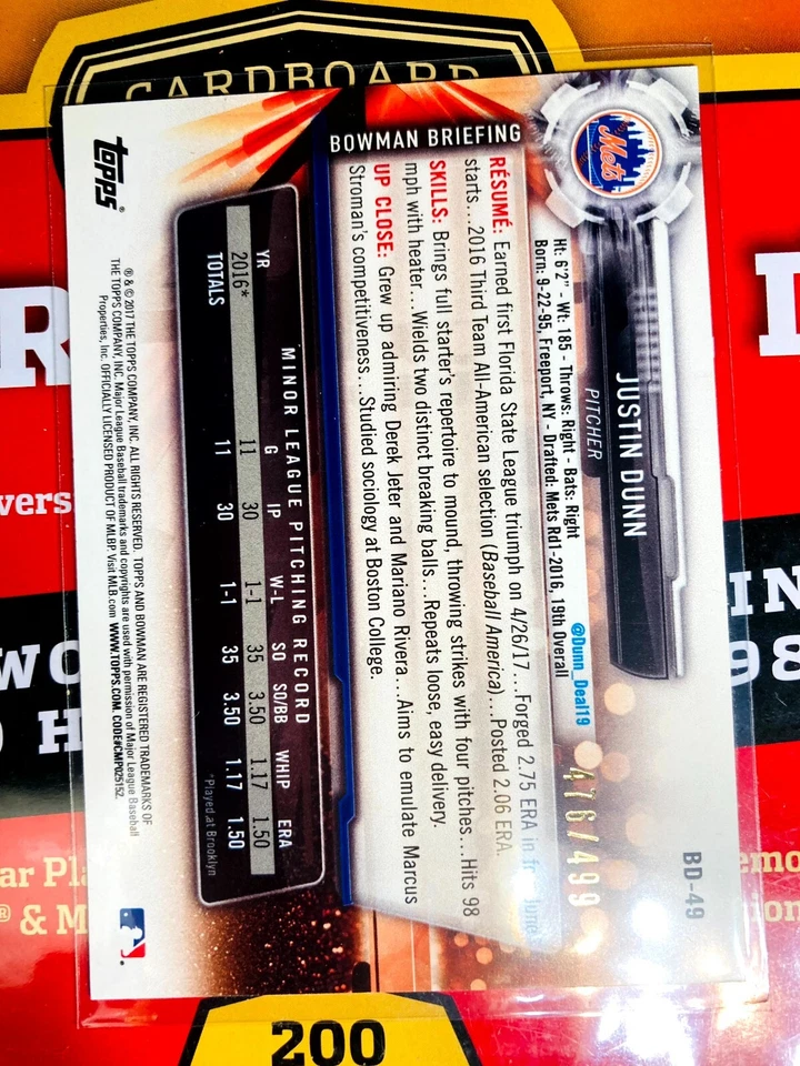 2017 Bowman Justin Dunn /499 BD-49 V527 BUY 1 GET 1 FREE MLB CARDS METS BASBEALL - Image 2 of 2