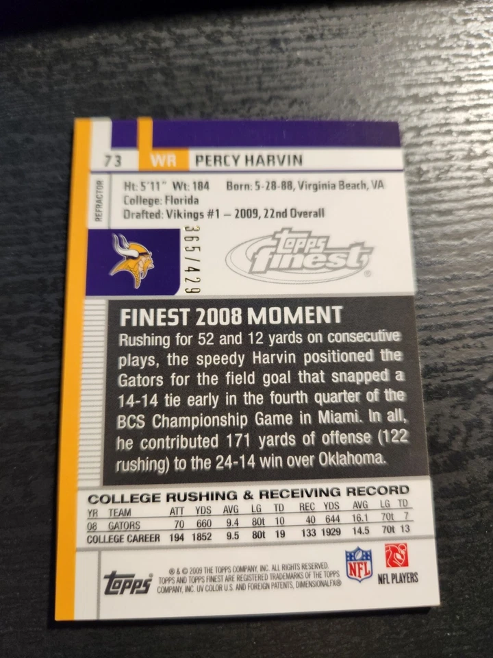 4 Card Lot! 2009 Topps Finest Pigskin & Refractors Rookie Card Percy Harvin #73 - Image 3 of 4