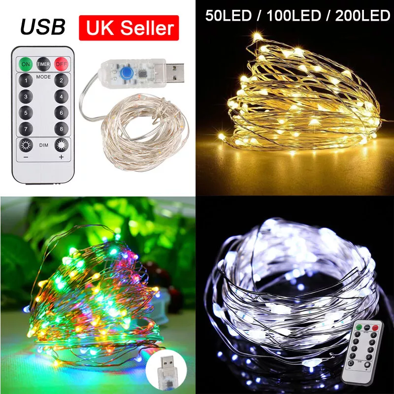 USB 50 100 200 LED Rice Copper Wire String Fairy Lights Remote