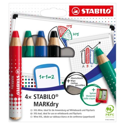 STABILO Whiteboard- und FlipChart Marker MARKdry 4 Farben + Spitzer