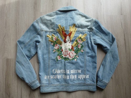 Custom Denim Trucker Jacket S Embroidered Rabbit Objects In Mirror Spellout EUC - Picture 3 of 11