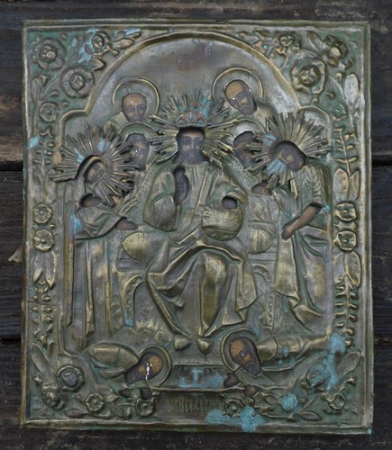1800s 19th C Antique Russian Icon 12 x 10" on Wood Painted Christ & Saints Faces - Picture 2 of 15