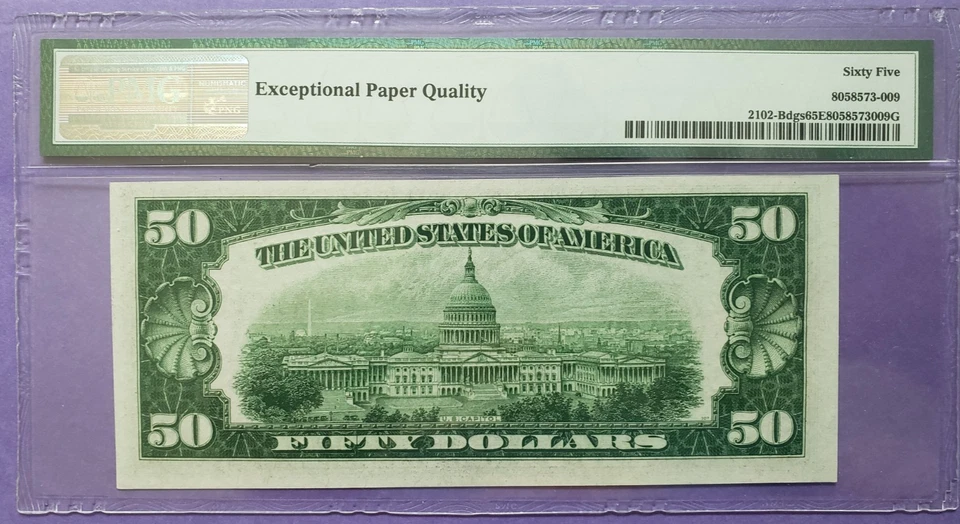 1934 $50 Federal Reserve Note PMG 65EPQ - Dark Green Seal New York - Fr 2102-B - Image 2 of 2