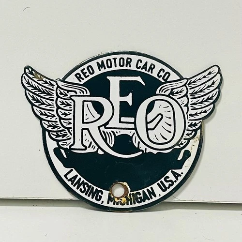 REO Motor Car Company Wings Porcelain Enamel Vintage Classic Sign 3" x 3 3/4"