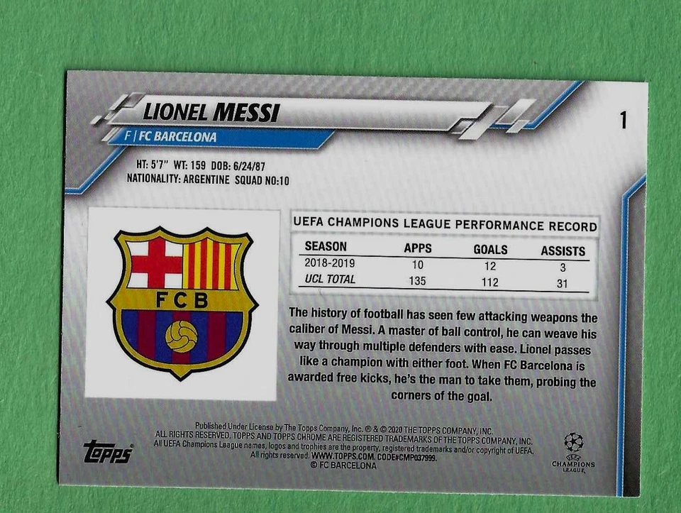 Lionel Messi 2019-20 Topps Chrome 1 Barcelona PSG Argentina Inter Miami GOAT - Image 2 of 2