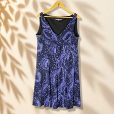 Jones Wear Dress Women 16 Blue Geometric Sheath Midi V-Neck Sleeveless Casual