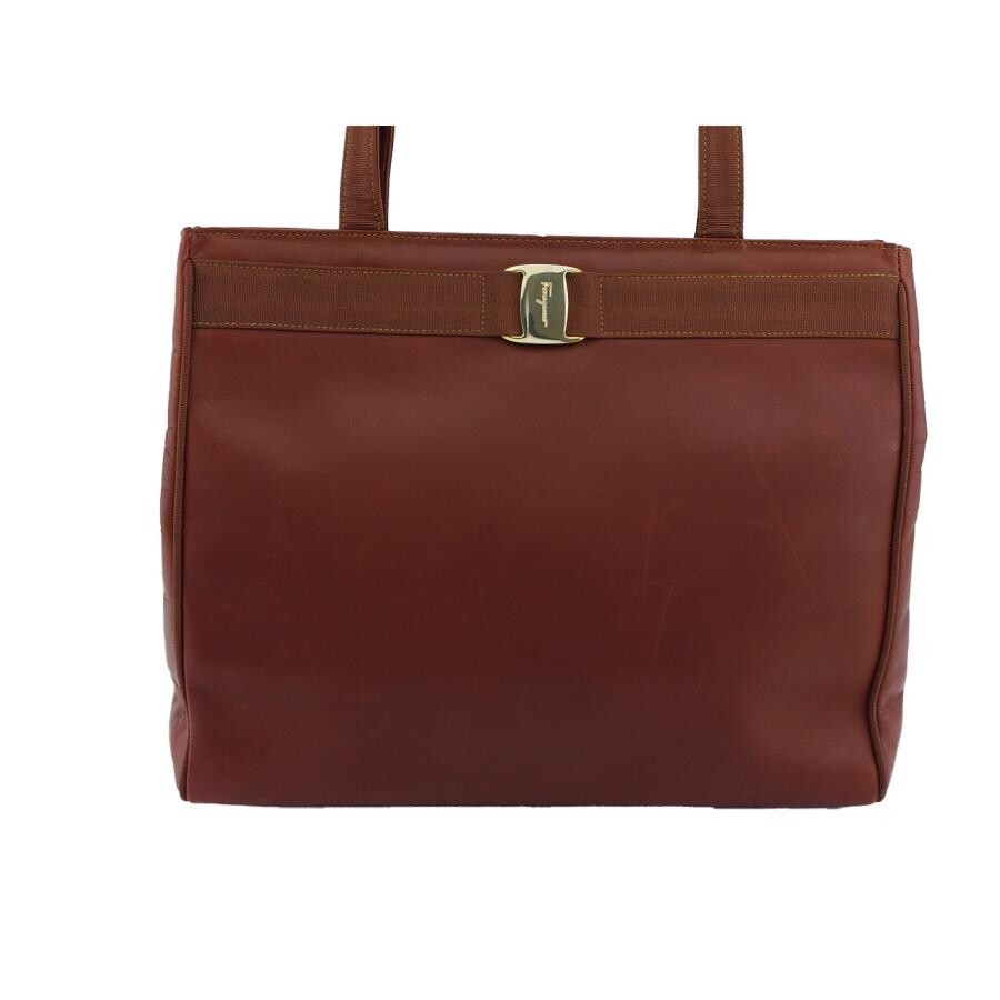 Salvatore Ferragamo Gancini Brown Leather Tote Bag Shoulder Women Auth image 2