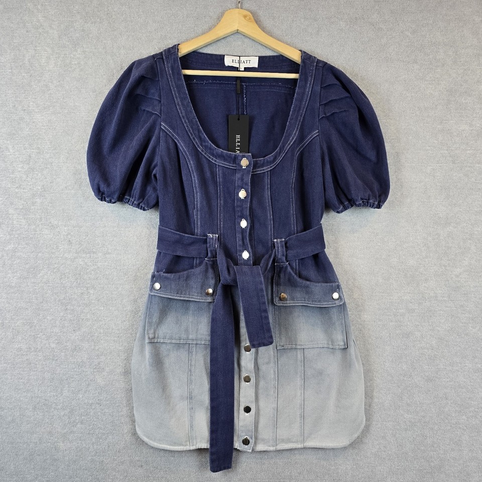 Elliatt Zeus Denim Mini Dress Large Womens Navy Blue Ombre Puff Sleeve Belted