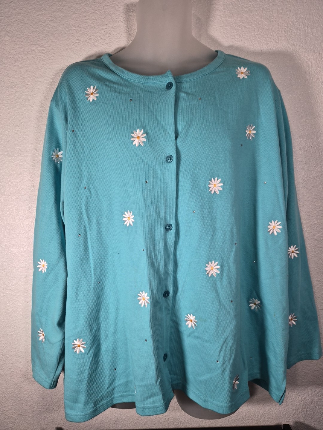 Quacker Factory Aqua Blue Button Up Shirt Size 3X White Embroidered Daisies