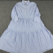 Maye Dress Womens Large Blue White Striped Midi Tiered Collared Popover