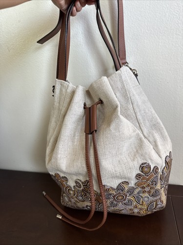 Innue large Bucket Crossbody Double Handle Tote Beige Linen Made in Italy - Picture 2 of 19