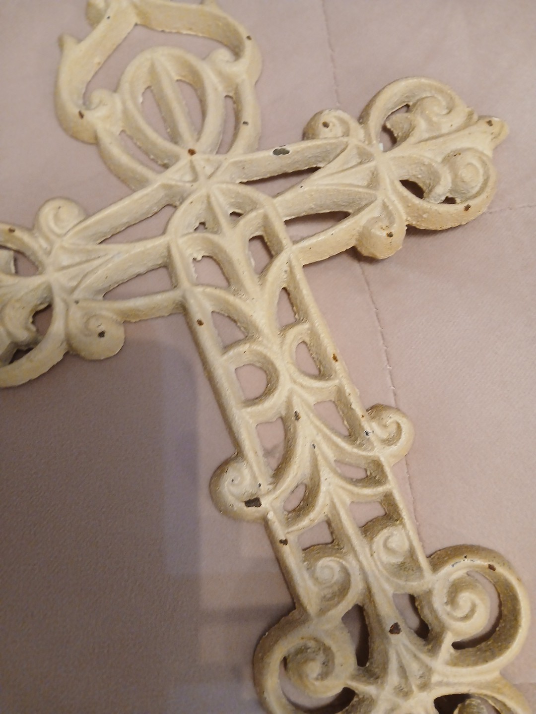 Cast Iron Hanging Wall Cross Decor Cream Off White Distressed Finish 11.5" By 8"