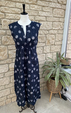 Monsoon 100% Linen Navy White Dress size M
