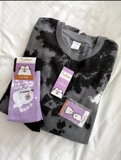 Pusheen Box Ghost Sweatshirt + Socks + Pin Set – Tie-Dye Gray/Black – Size S NWT